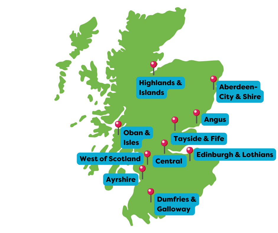 a map of Scotland with pink pins in each of the ten places where there are branches, labelled in blue.