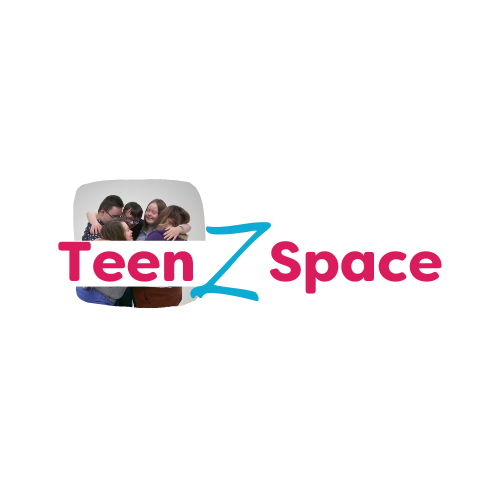 the logo for TeenZSpace which is a photo of a group of teenagers talking and the words over the image